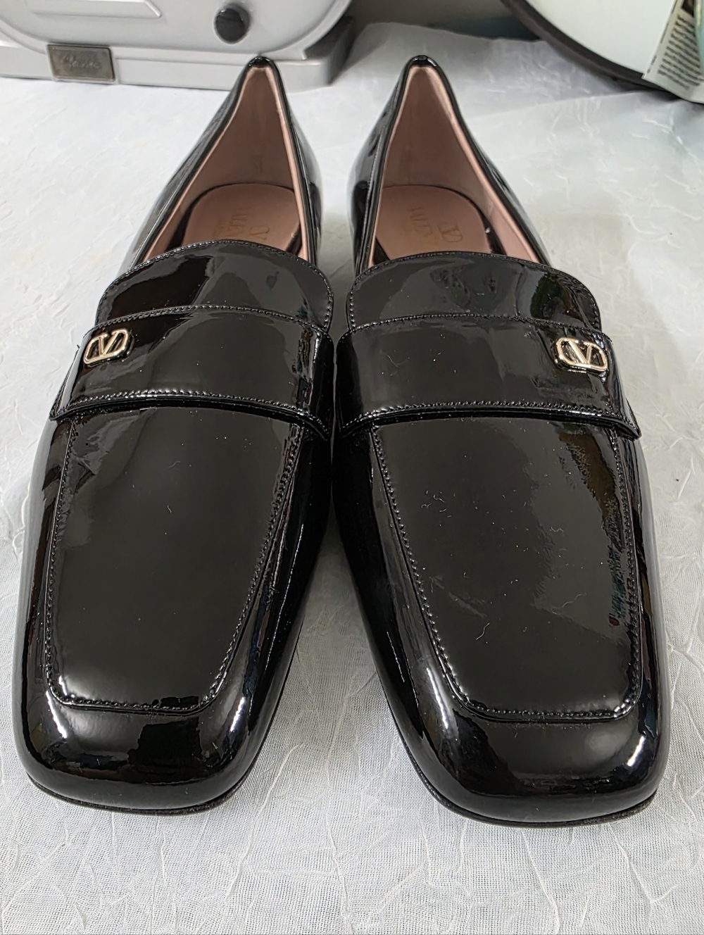 Valentino Black Patent Leather V-Logo Loafers 37.5